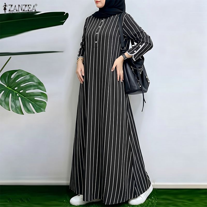 Abaya Modest Wear - Muslim Modest Striped Maxi Dress Women