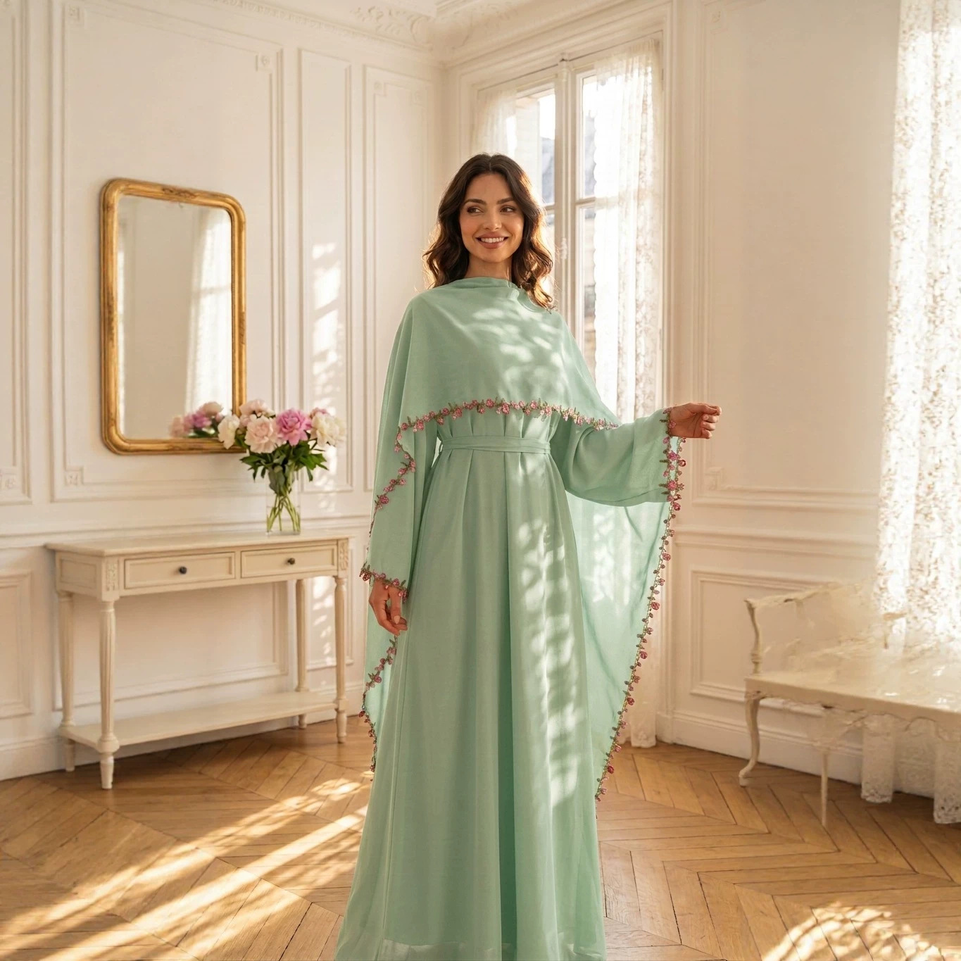 Elegant Pink Lace Trim Nida Tw - Abaya Modest Wear 评论和价格