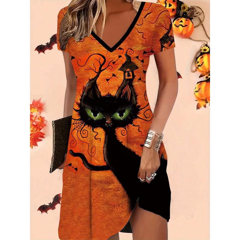 Halloween print with black cat - Y2K Ethnic Fashion 评论和价格