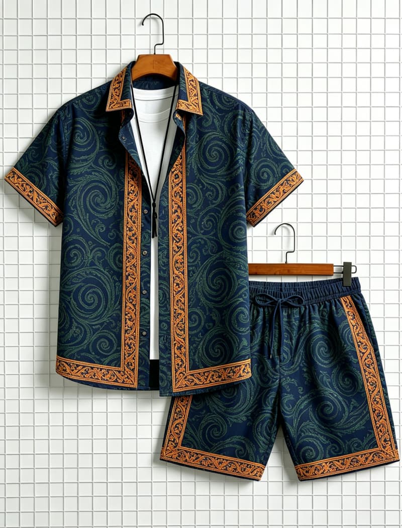Men's ethnic border printed sh - Ethnic Style 评论和价格