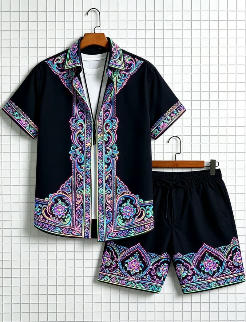 Men's ethnic border printed sh - Ethnic Style 评论和价格